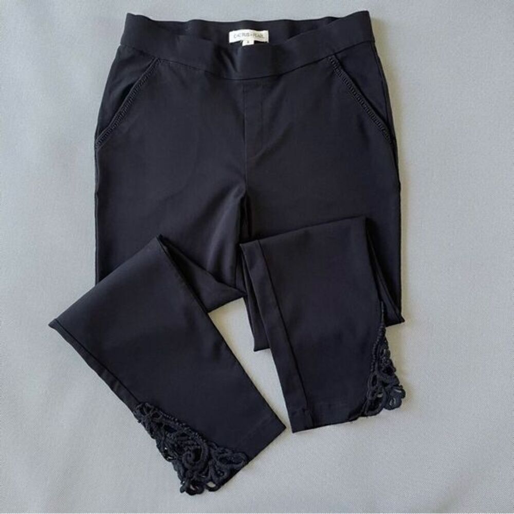 Cactus + Pearl Black Pull On Lace Trim Cropped Ankle Dress Stretch Pant Women S